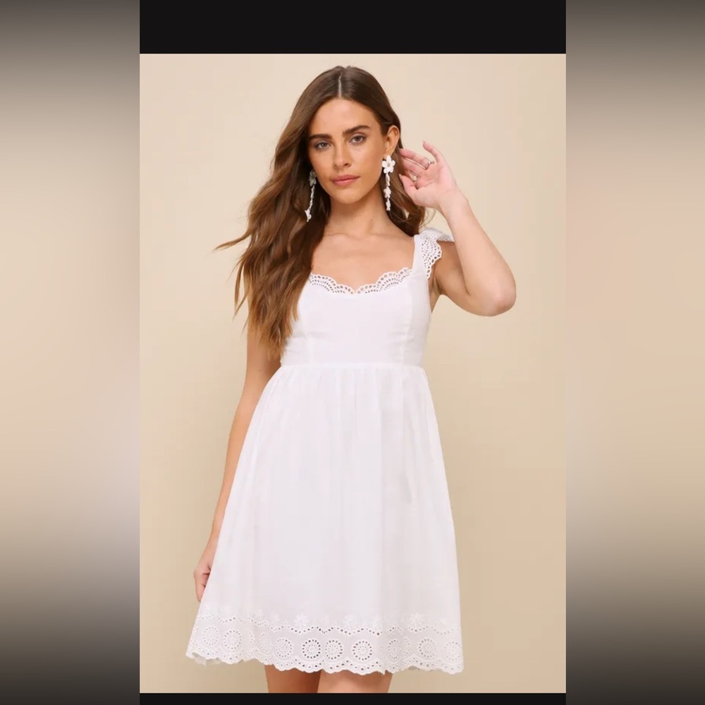 Kindest Cutie White Eyelet Embroidered Ruffle Strap Mini Dress